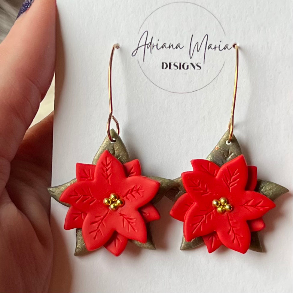 Red Poinsettia Polymer Clay Earrings