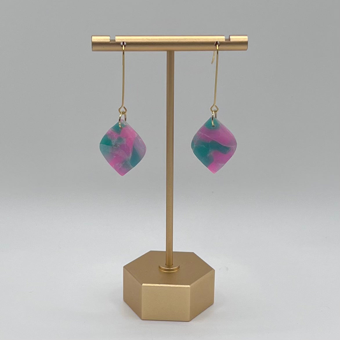 Teal & Pink Translucent Diamond Shape Polymer Clay Earrings