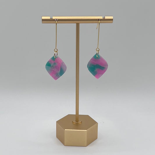 Teal & Pink Translucent Diamond Shape Polymer Clay Earrings