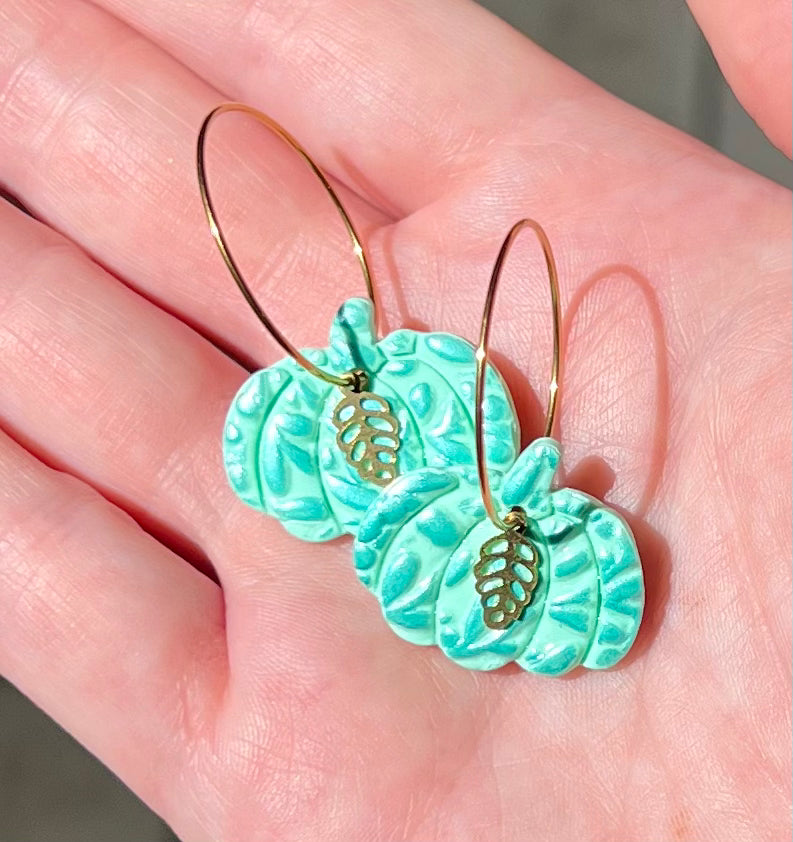 Mint Floral Embossed Pumpkin Polymer Clay Hoop Earrings