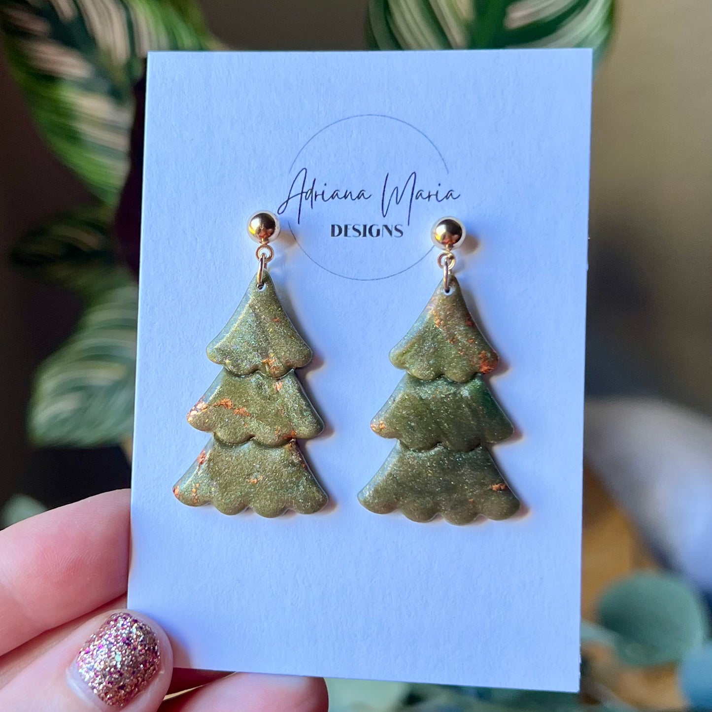 Green & Copper Marbled Christmas Tree Polymer Clay Earrings