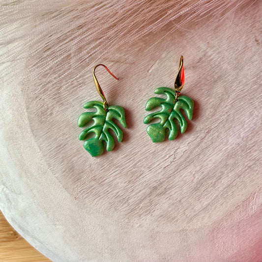 Shimmery Green Monstera Leaf Polymer Clay Earrings