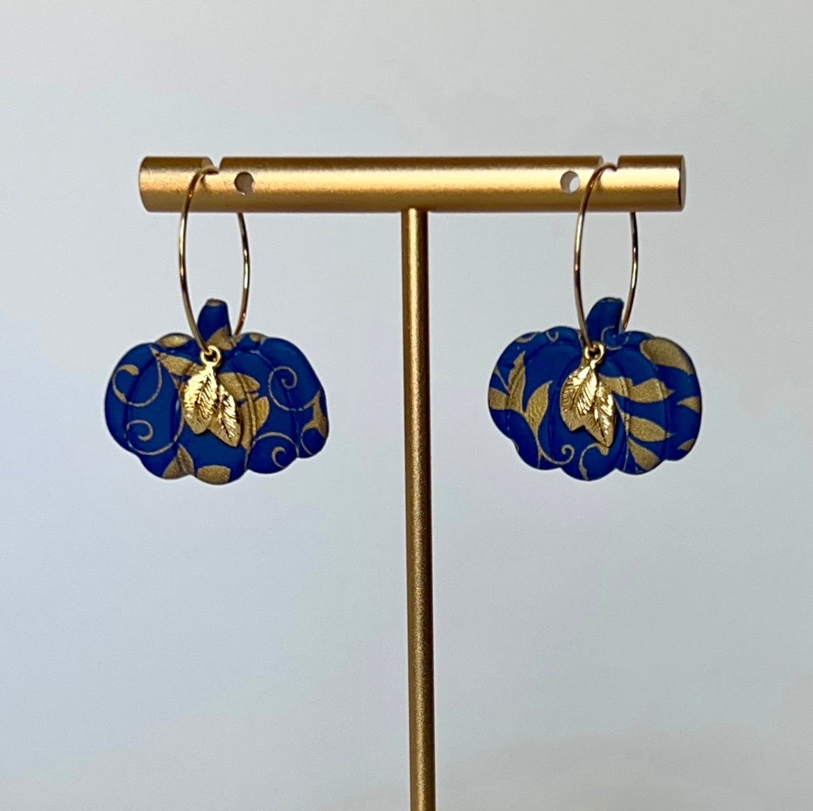 Navy Blue & Gold Floral Pumpkin Clay Hoop Earrings