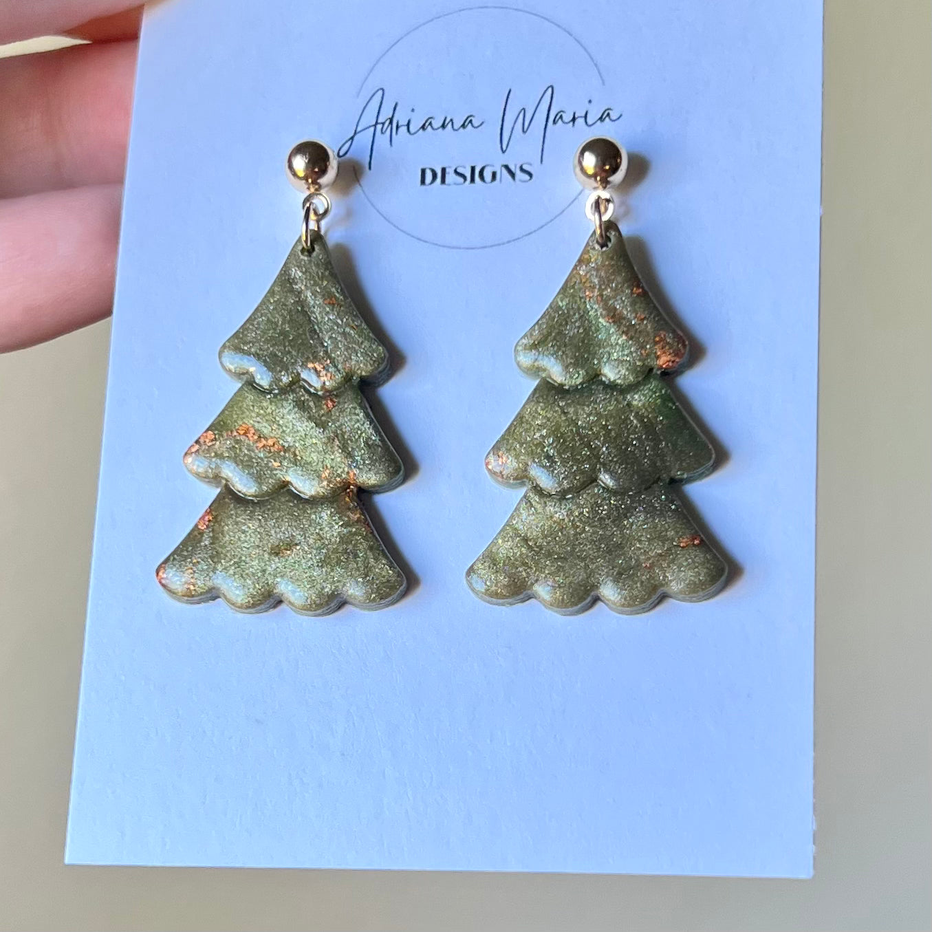 Green & Copper Marbled Christmas Tree Polymer Clay Earrings