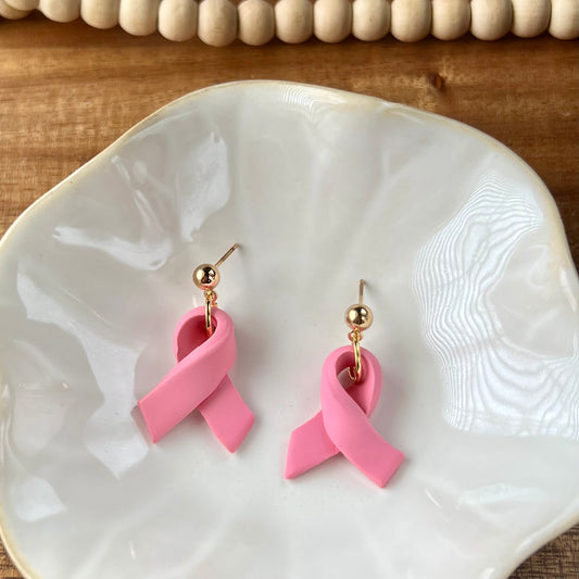 Pink Breast Cancer Awareness Ribbon Clay Dangle Earrings