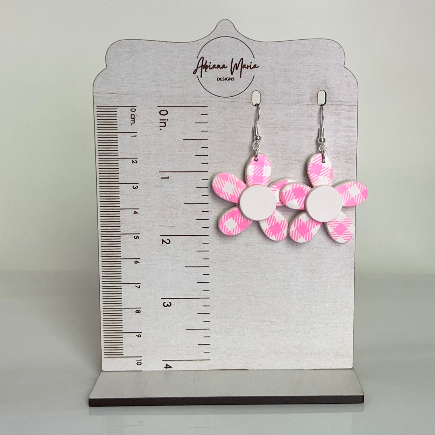 Pink Gingham Pink Daisy Polymer Clay Earrings