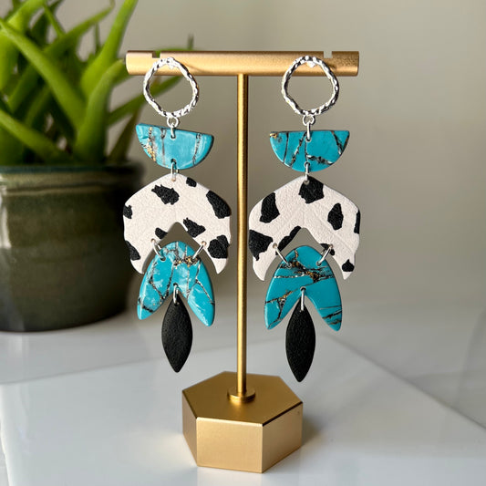 Turquoise & Cow Print Clay Dangle Earrings