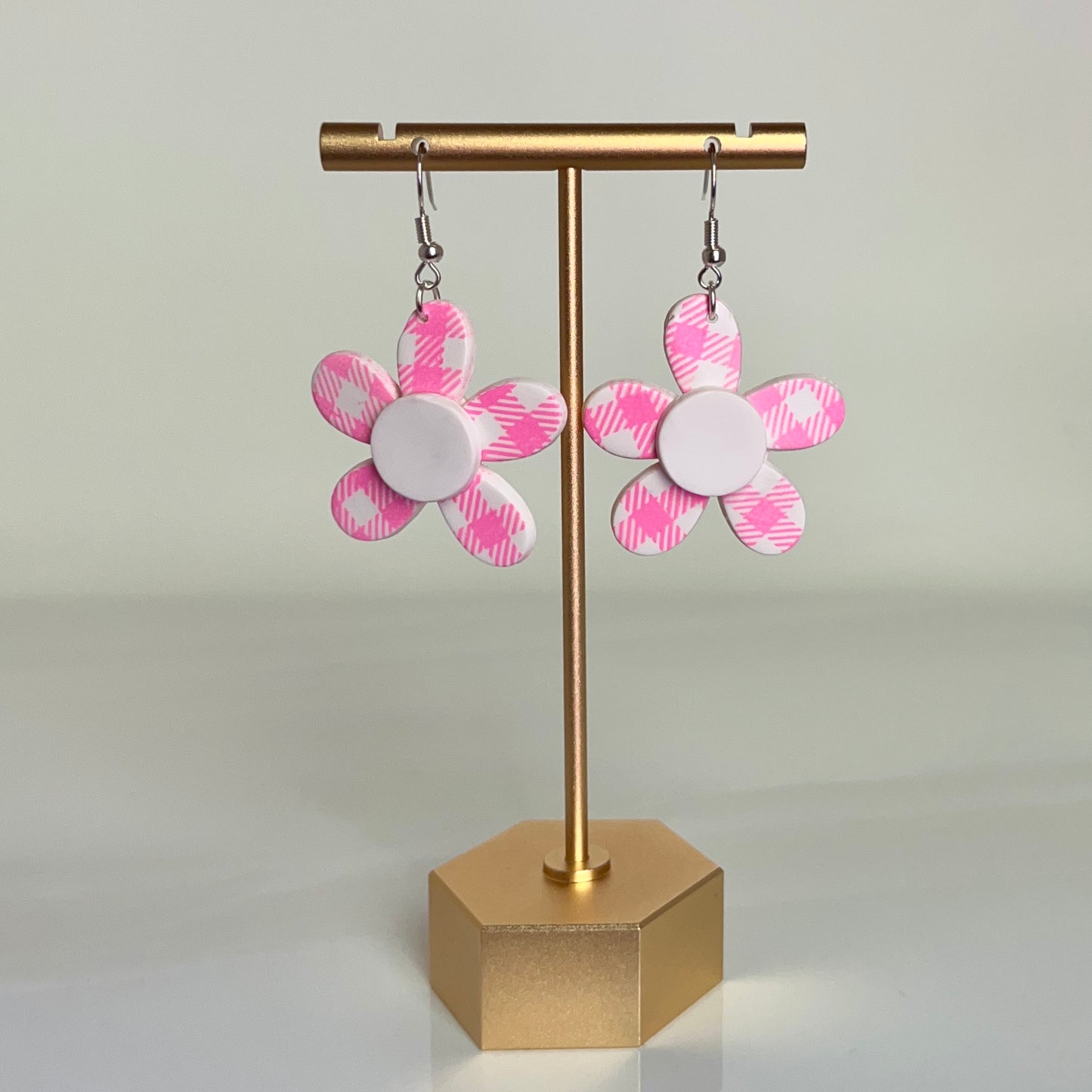 Pink Gingham Pink Daisy Polymer Clay Earrings