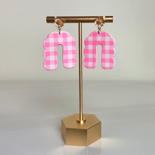 Pink Gingham Print Scalloped Arch Polymer Clay Earrings