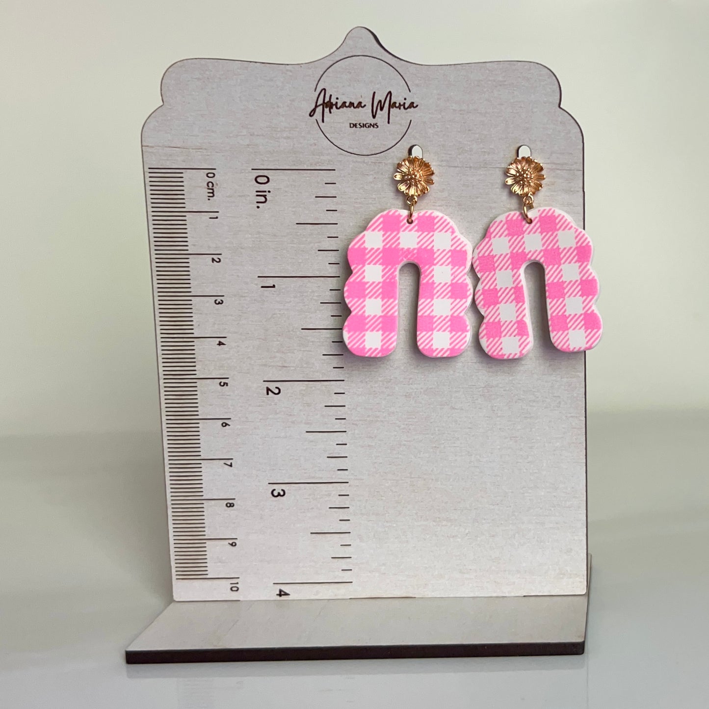 Pink Gingham Print Scalloped Arch Polymer Clay Earrings